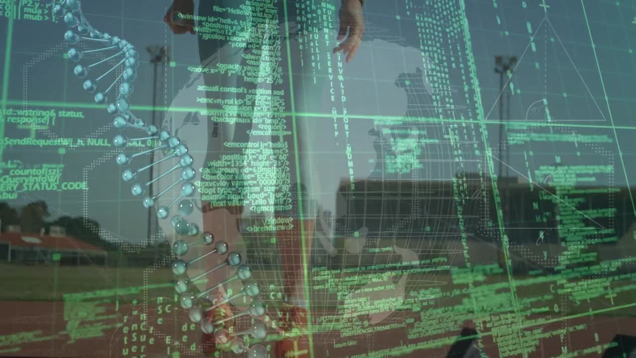 animação de processamento de dados e cadeia de dna com globo sobre mulher caucasiana saltando