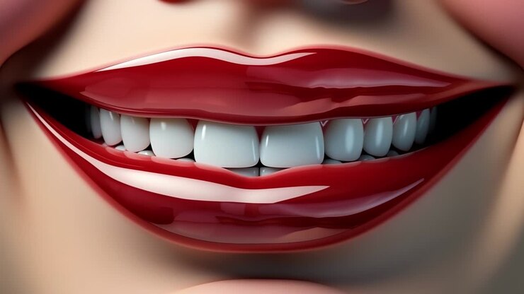 Close-up of glossy red lips smiling