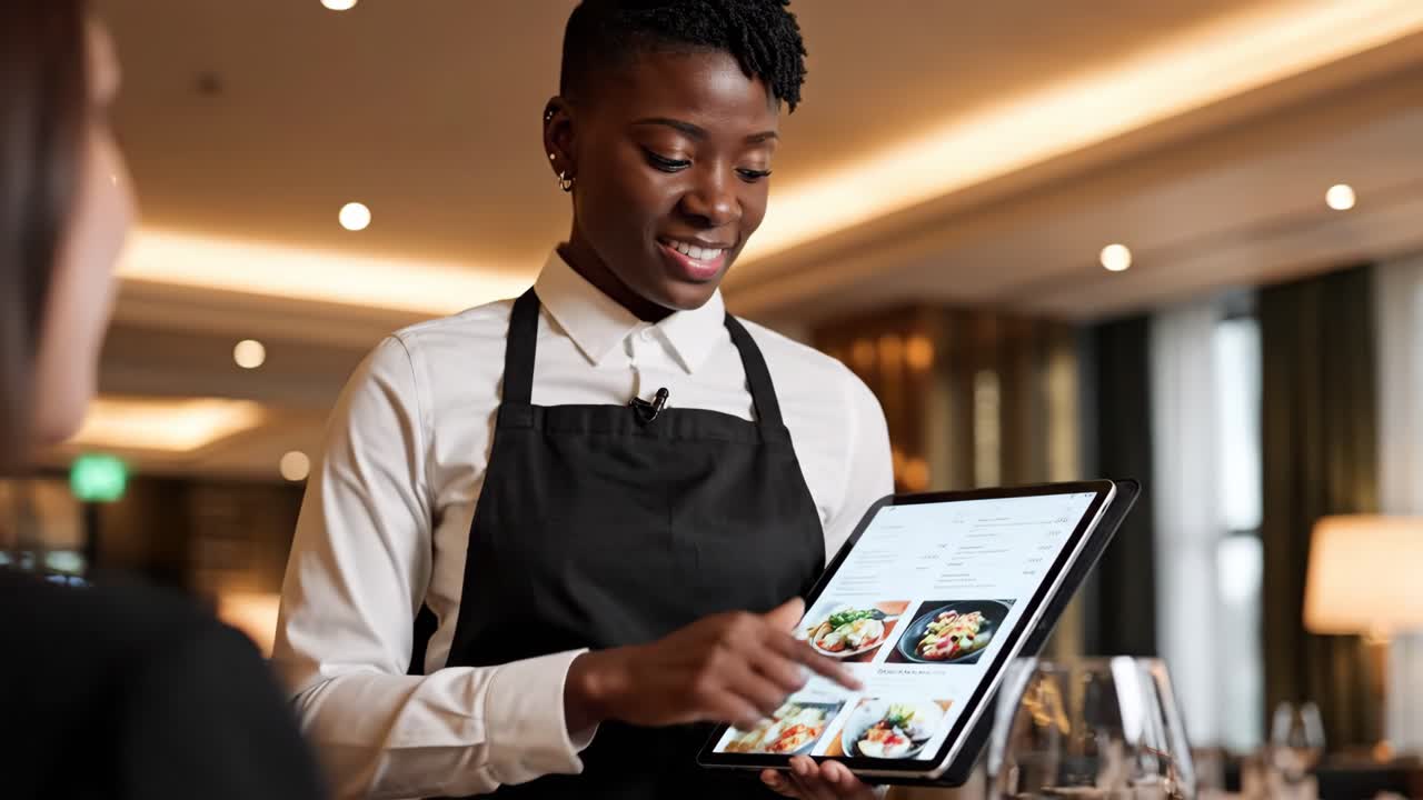 Waitress showing menu on tablet