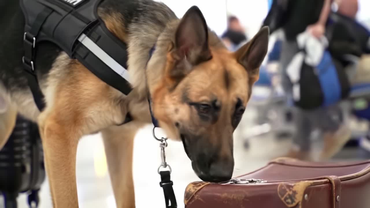 Trained Detection Dog Sniffs Luggage at Airport, Enhancing Safety and Security by Identifying Potential Threats with Precision and Reliability