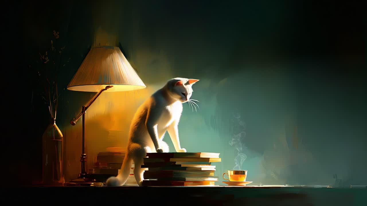 A Serene Moment: A Whimsical White Cat Balances on a Stack of Books Beneath a Warm Lamp, Exuding Calmness with a Cup of Steam in the Dimly Lit Room