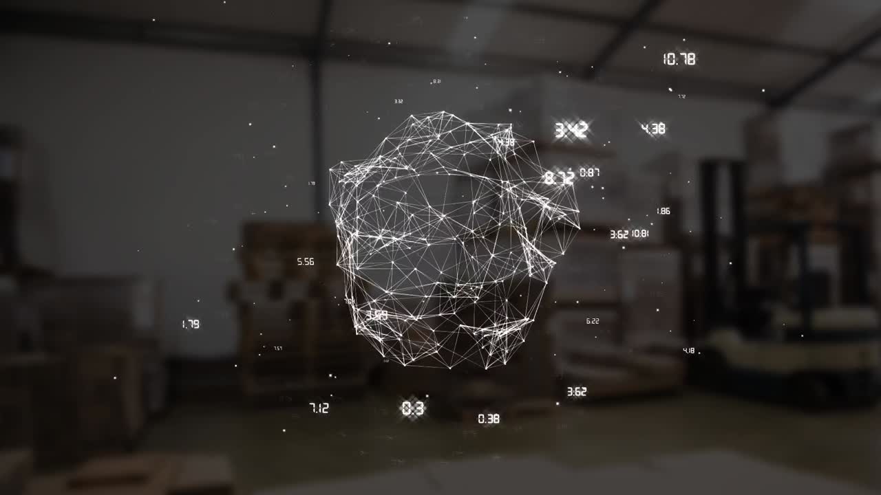 анимация сети соединений с номерами и глобусом над складом