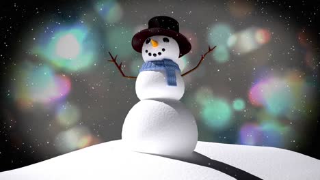 Digital-animation-of-snow-falling-over-male-snowman-on-winter-landscape