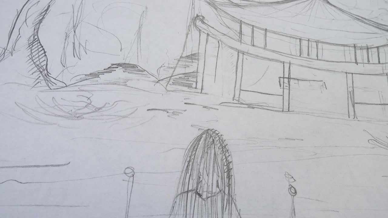 Alberi e casa, disegno a matita