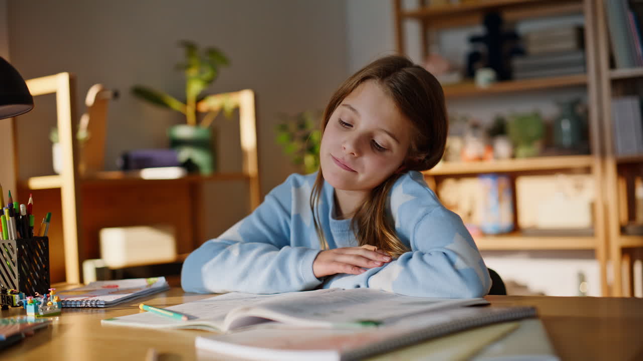 Fatigued teenager doing homework apartment closeup. Sad school pupil yawning