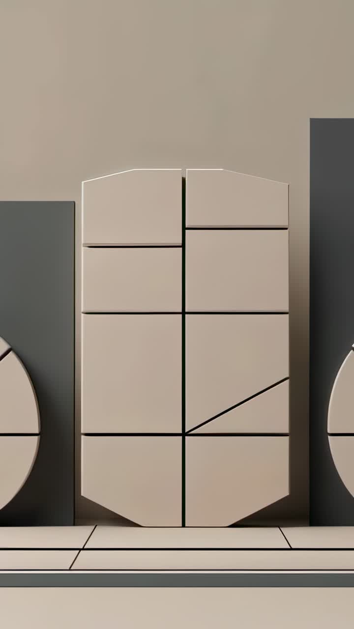 Vertical video: Revealing beige modular cabinet in gallery space, with dark gray and beige panels