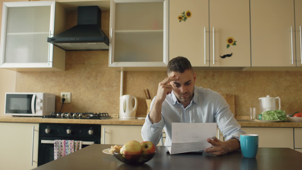 hombre estresado por las facturas en la cocina