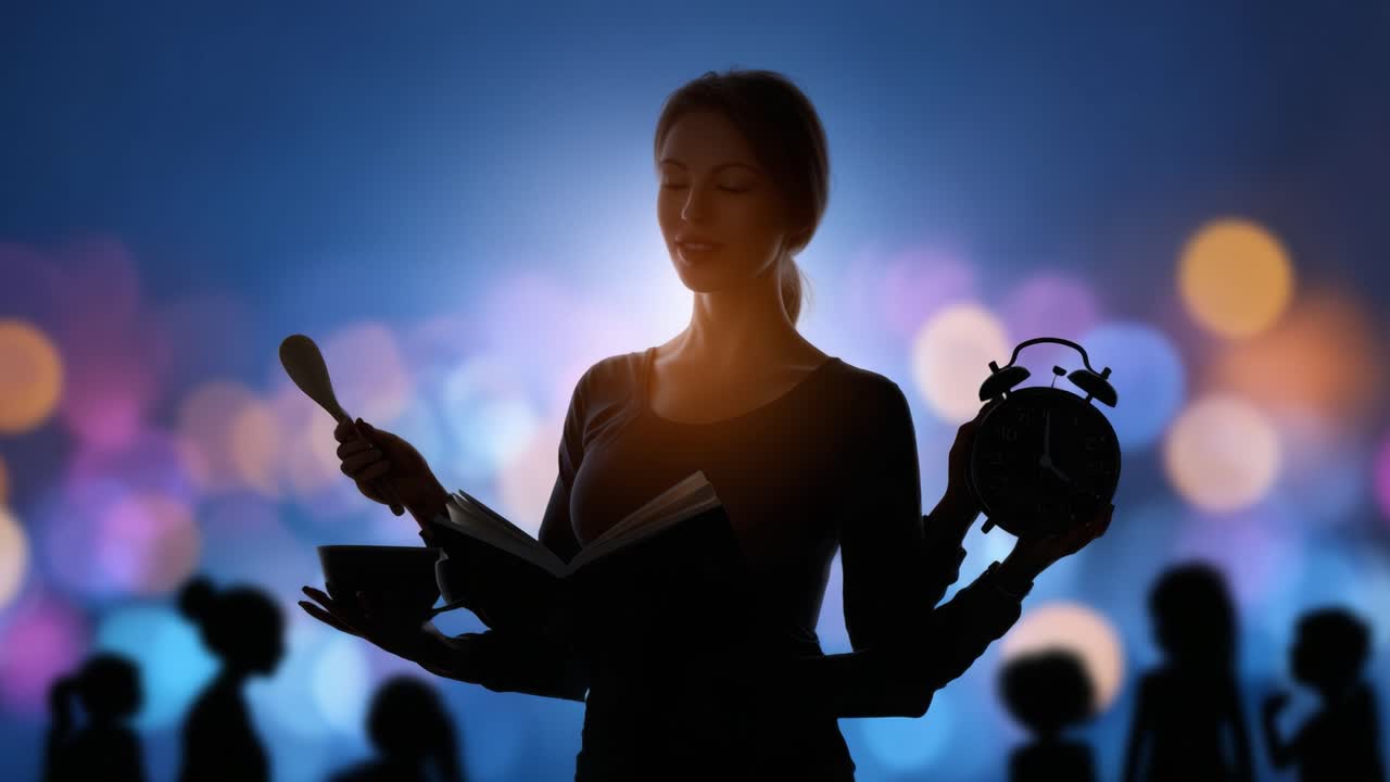 Una donna stagliata contro uno sfondo colorato, che bilancia un libro e un orologio, incarna l'essenza della gestione del tempo e della conoscenza in un momento accattivante.