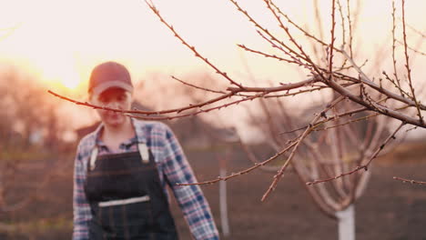 young woman gardener examines tree branches in the garden