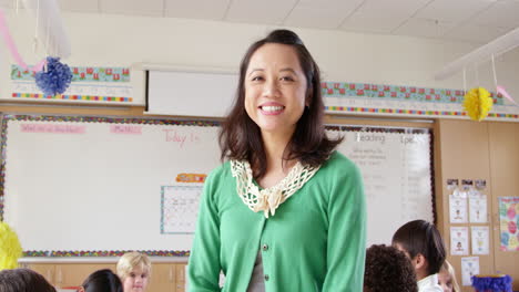 tilt shot of female asian school teacher in front of class