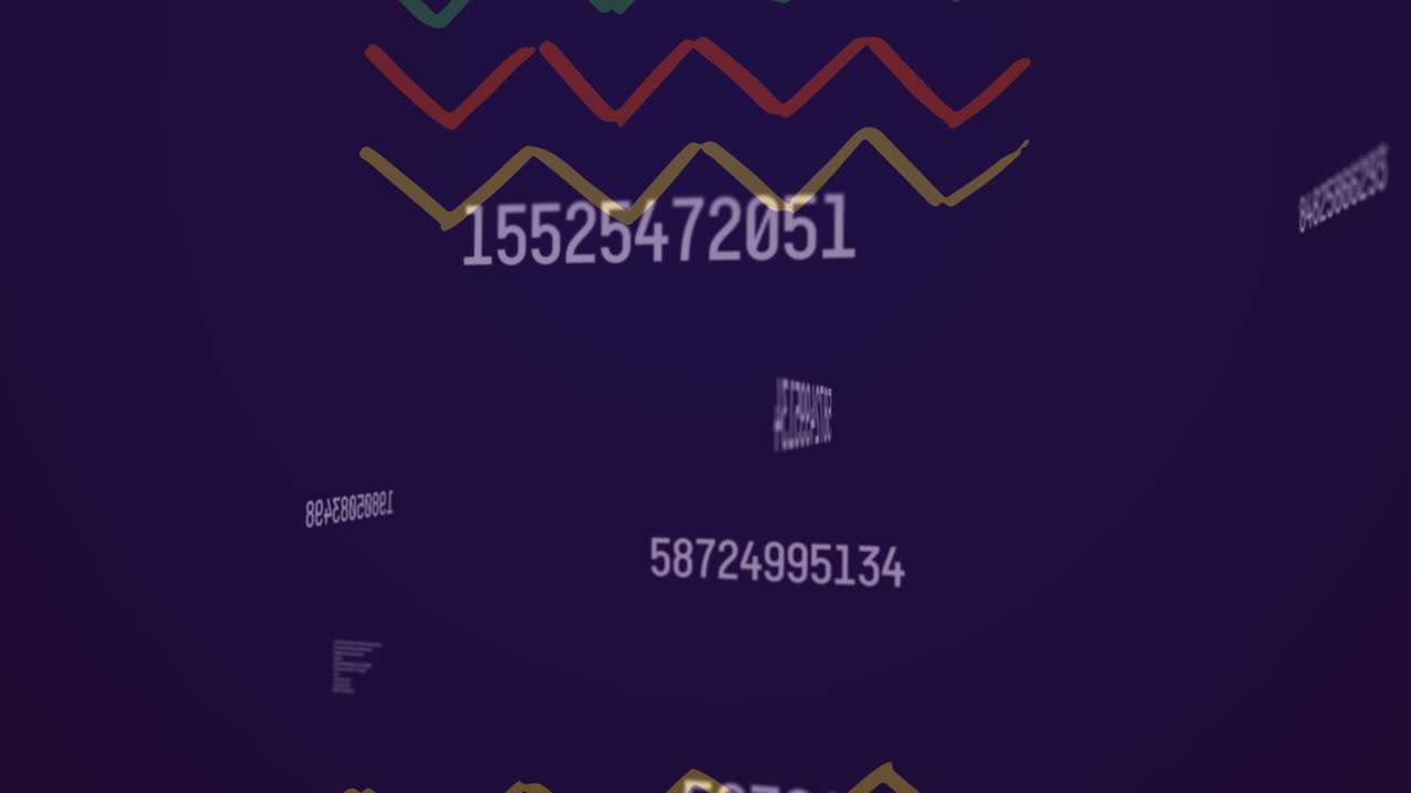 Animation of numbers, data processing and patterns moving on navy background