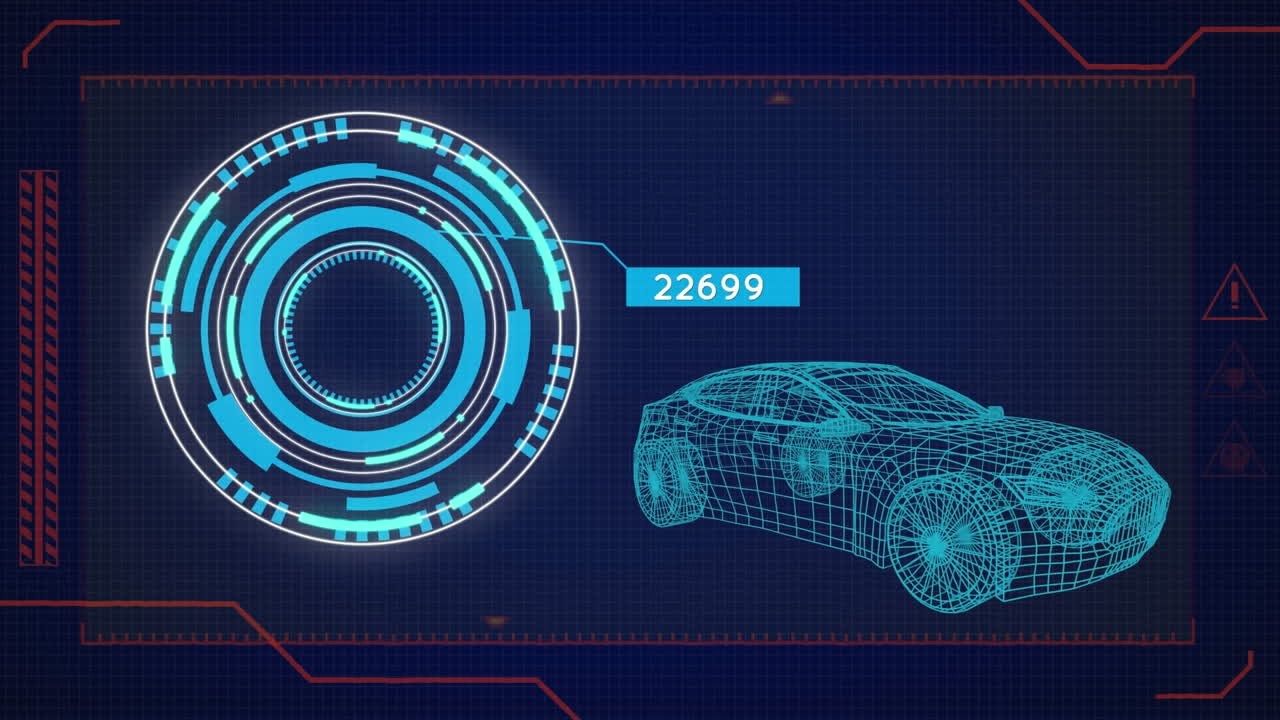 animación de círculos iluminados con números cambiantes y modelo 3d de coche contra fondo azul.