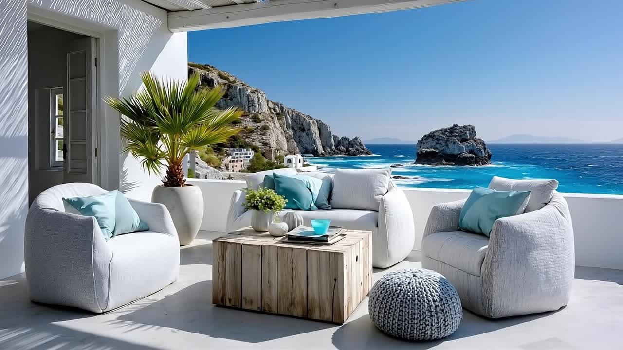 A patio with white furniture and a view of the ocean