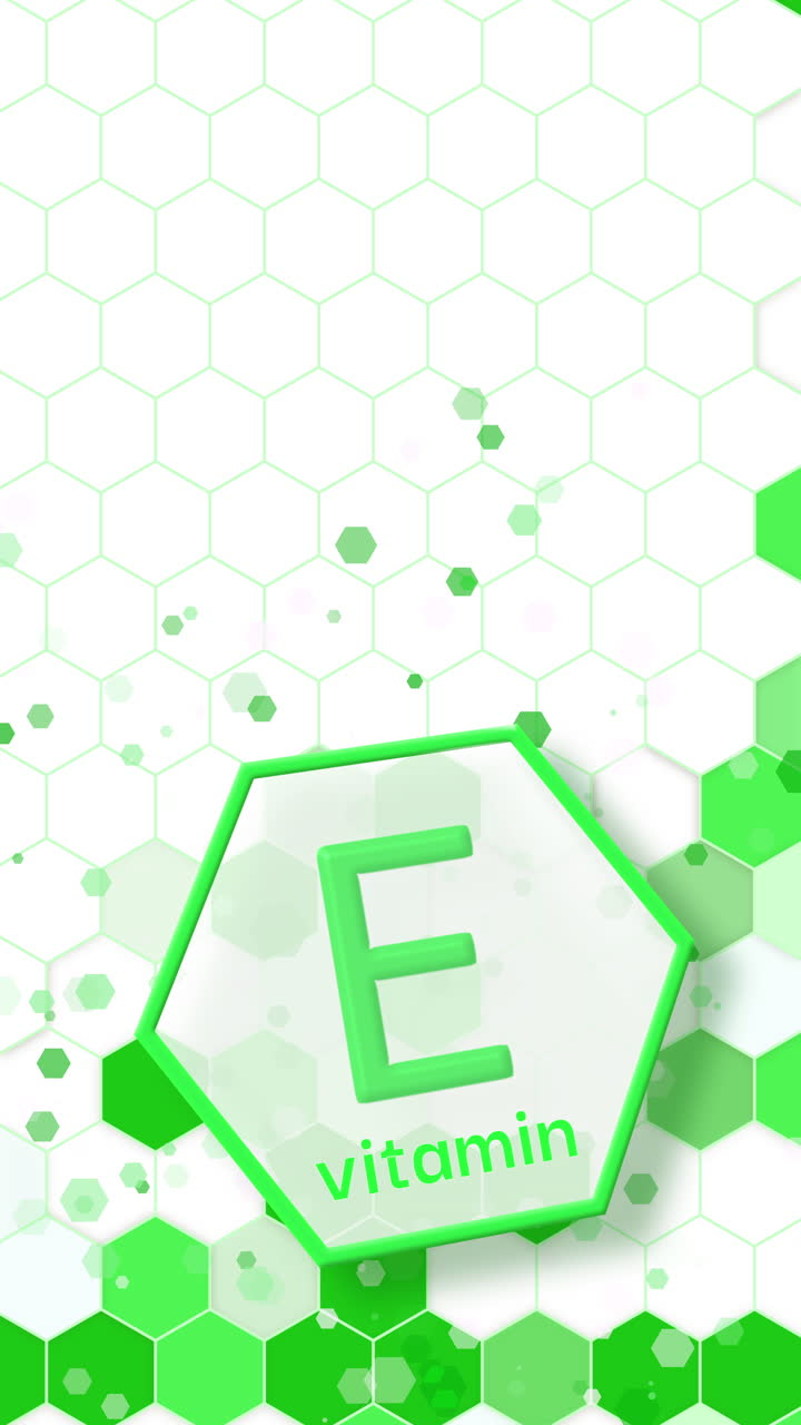 Vitamin E concept label in frame hexagon on green background. Loop animation. Vertical video.