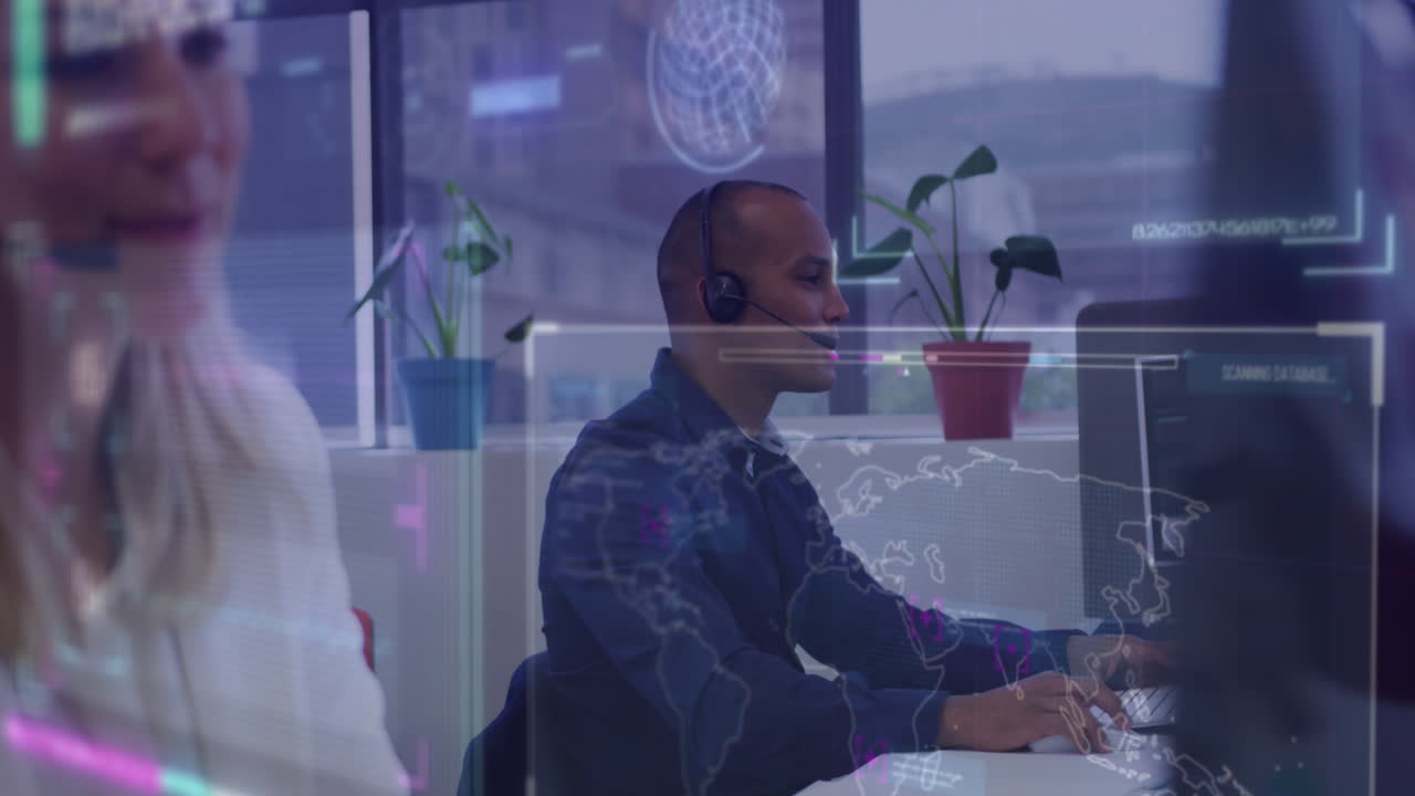 Animation of financial data processing over diverse business people working in office