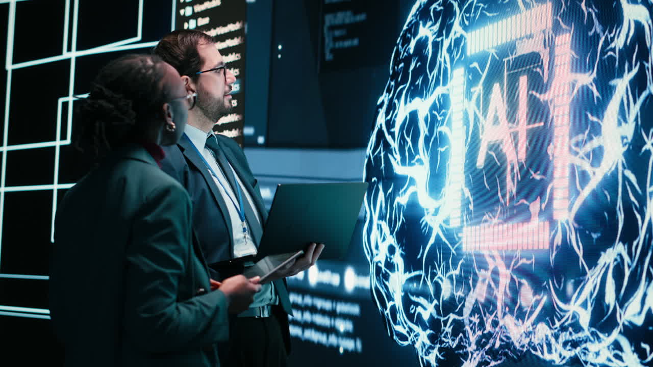Business Professionals Discussing Artificial Intelligence on Digital Screen