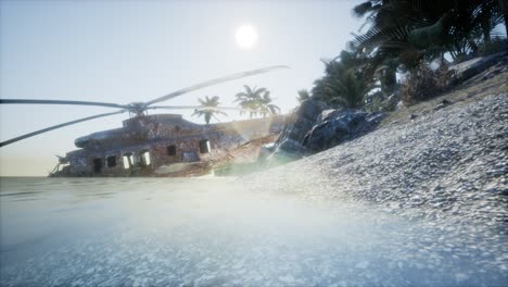 viejo helicóptero militar oxidado cerca de la isla