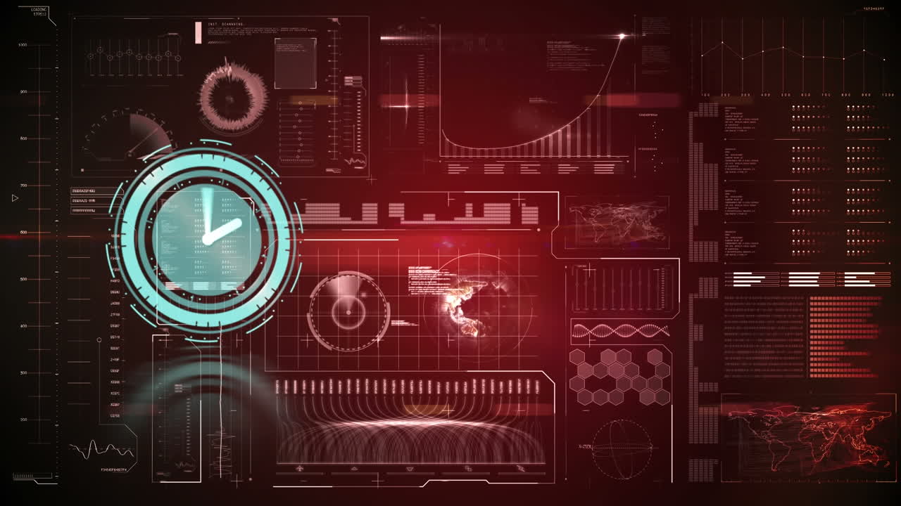 Animation of clock moving over data processing on black background