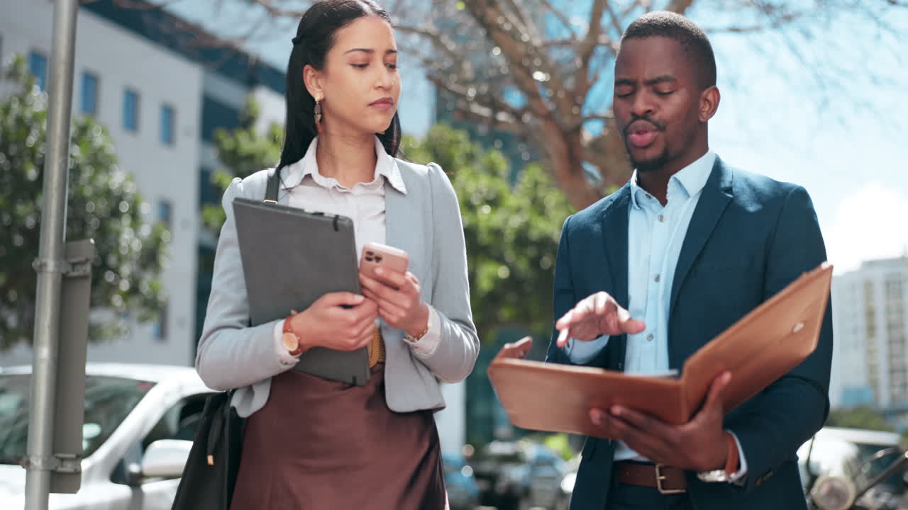 City, folder and business people talking