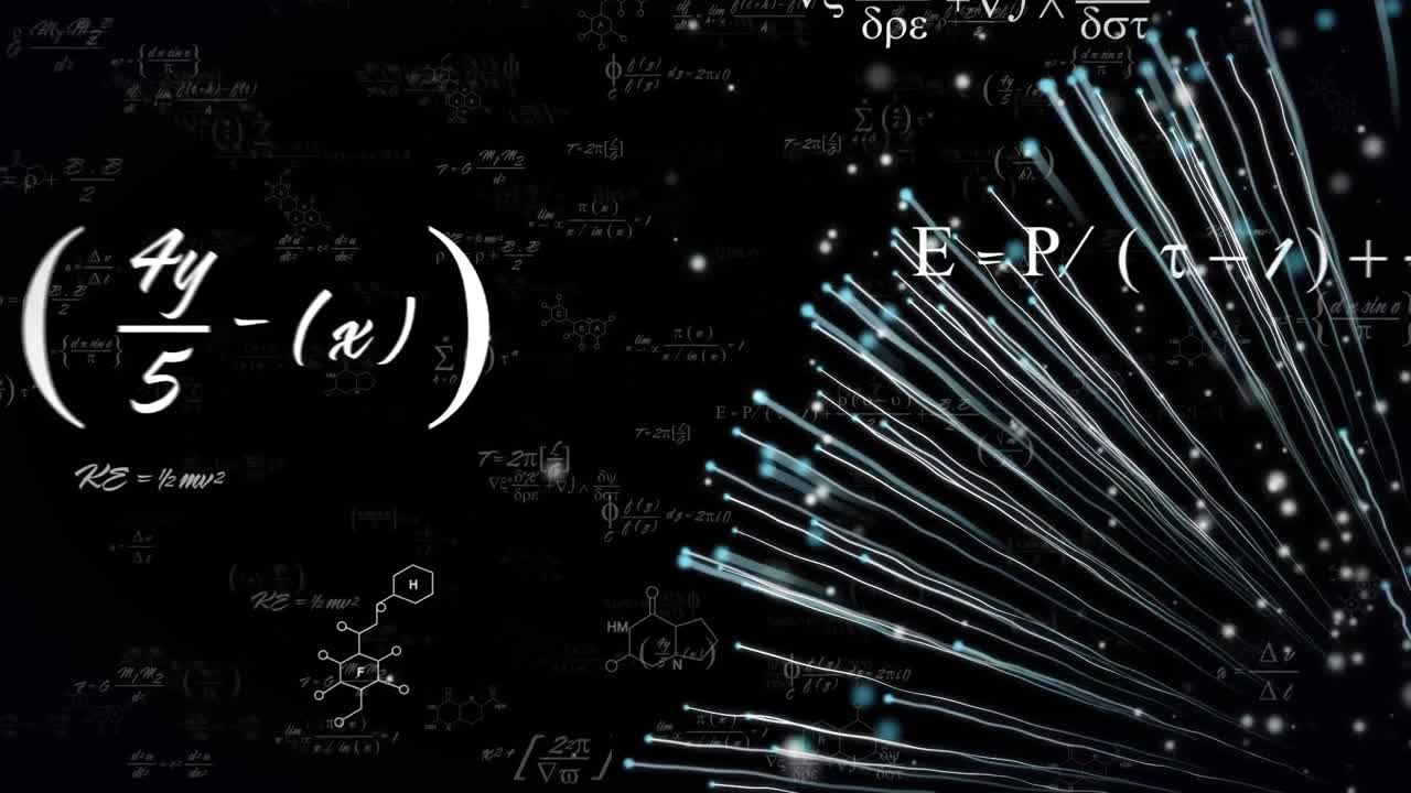 Animation of mathematical equations and spots on black background