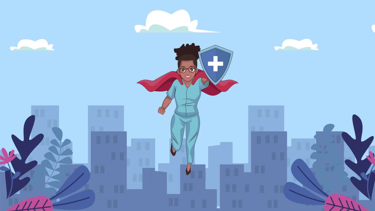 afro héroe enfermera volando en el personaje de la ciudad