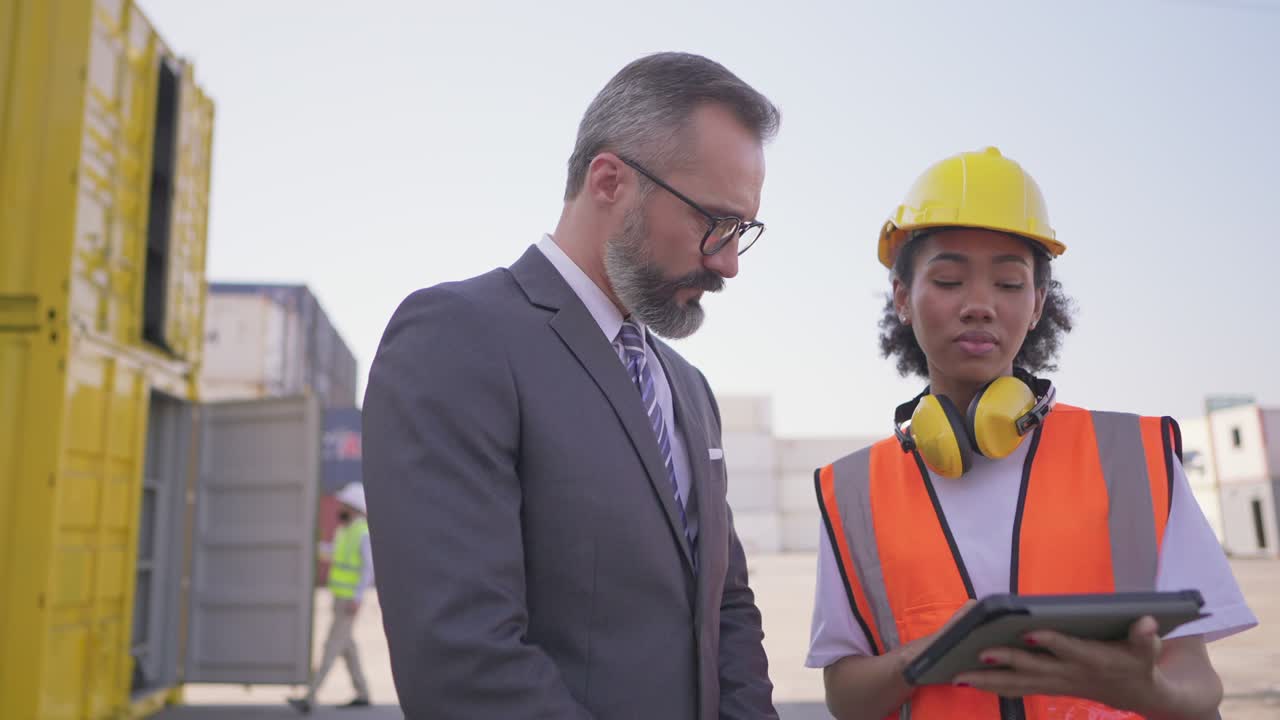 gerente o inversor o propiedad de la empresa y la ingeniera del proyecto hablar de detalles o proceso de carga de carga y procesamiento de envío en la tableta en el patio de carga de contenedores. personas multirraciales, cooperación en el negocio.