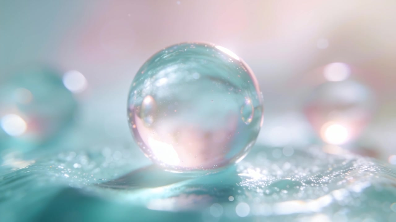 Changement de lumière provoquant une goutte centrale montrant une lueur rose-turquoise sur une surface turquoise texturée, deux gouttes douces.