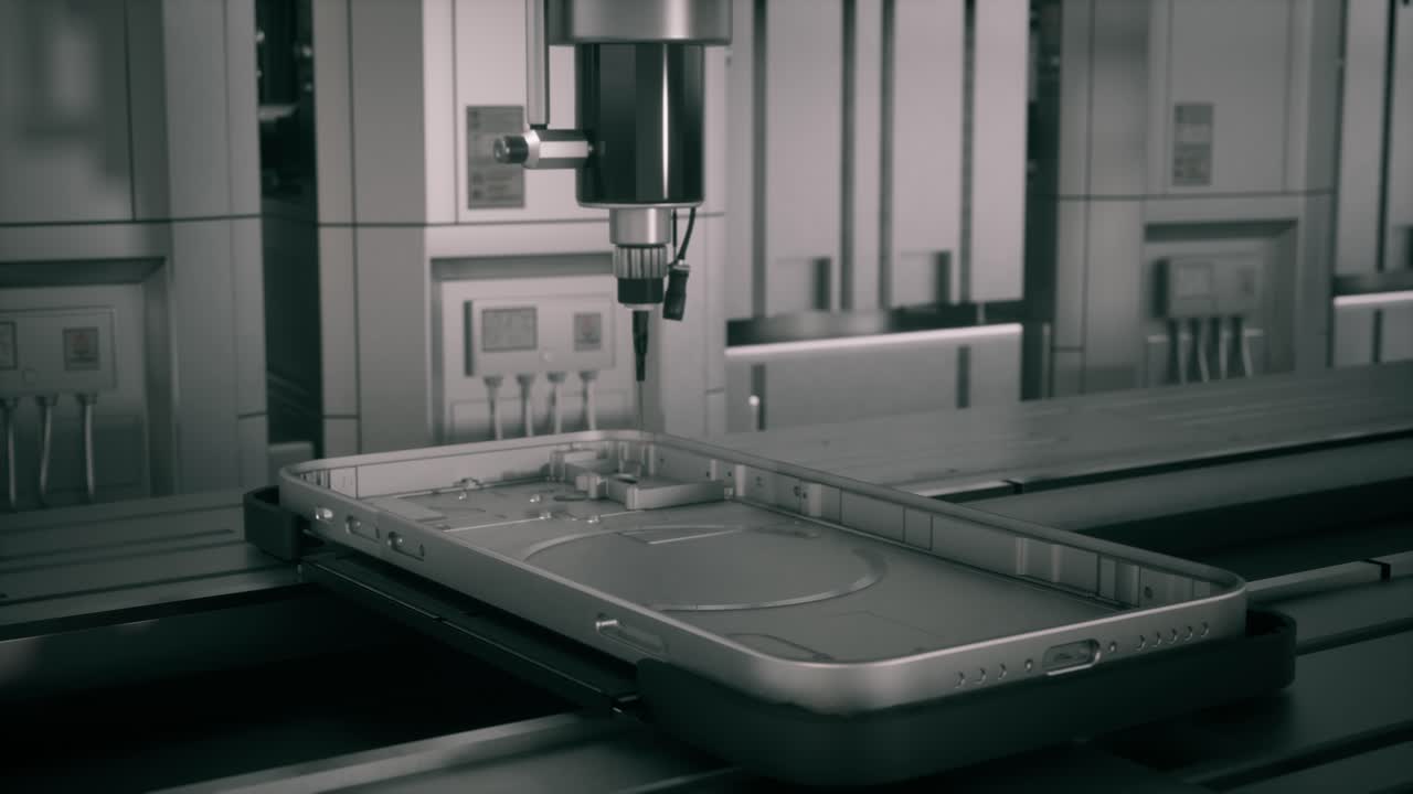 Processo di lavorazione CNC di precisione del telaio di uno smartphone in uno stabilimento di produzione ad alta tecnologia