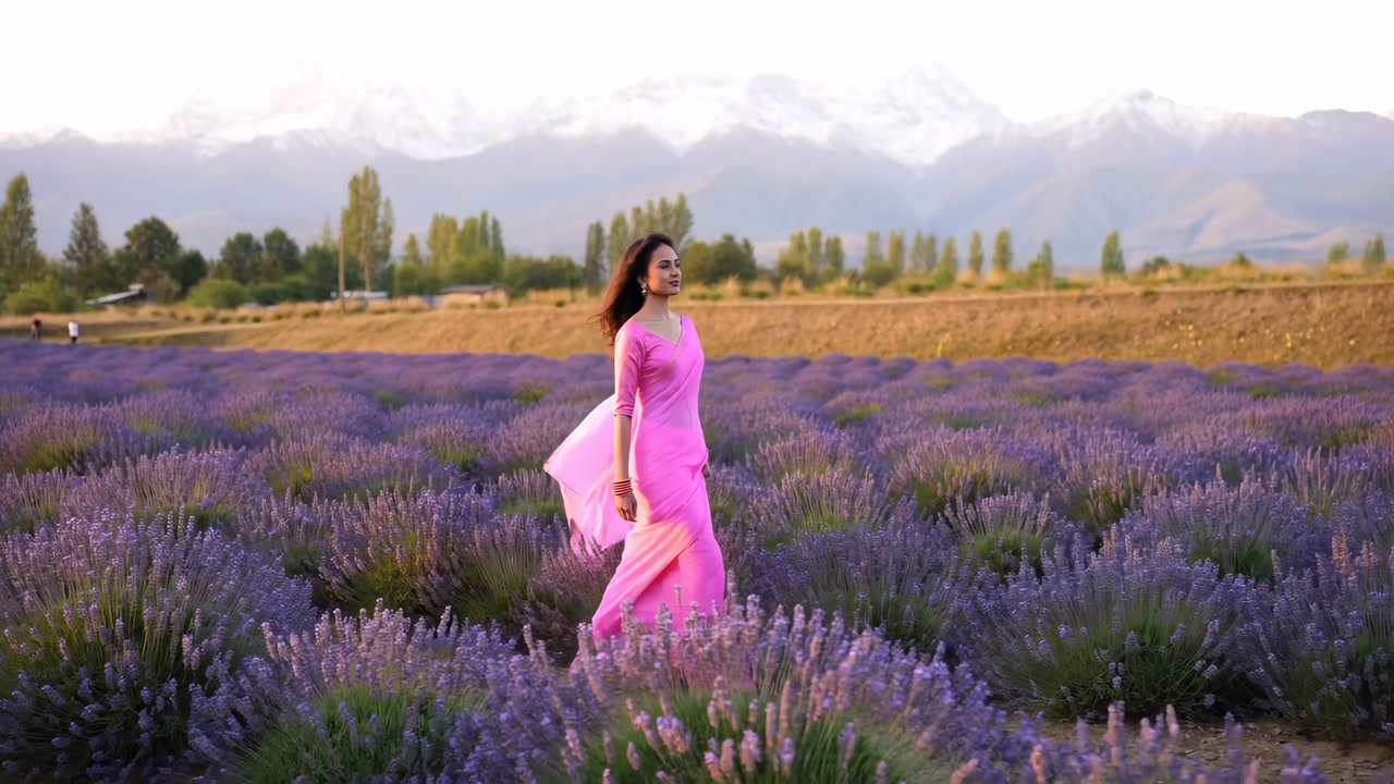 Woman In Pink Dress Walking Through Lavender Field At Golden Hour With Mountains Backdrop And Soft Breeze