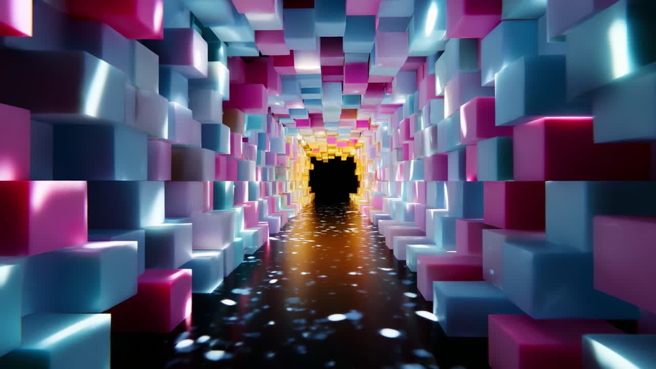 A visually stunning tunnel constructed from colorful blocks creates a mesmerizing light display, guiding the viewer's eye towards an intriguing black void at the end of this dynamic, illuminated corridor
