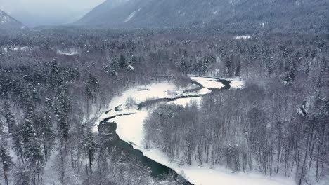 Schöner-Schneeszenenwald-Im-Winter.-Überfliegen-Von-Schneebedeckten-Kiefern.