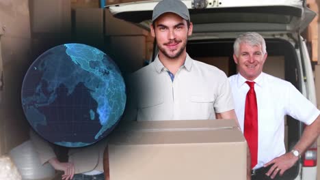 animation of globe of connections over delivery man with cardboard box