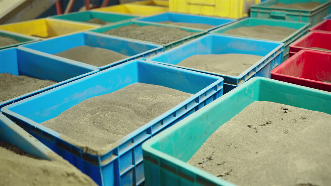Multiple grades of sorted tea leaves displayed in collection bins ready for bagging and distribution, tea factory, Sri Lanka