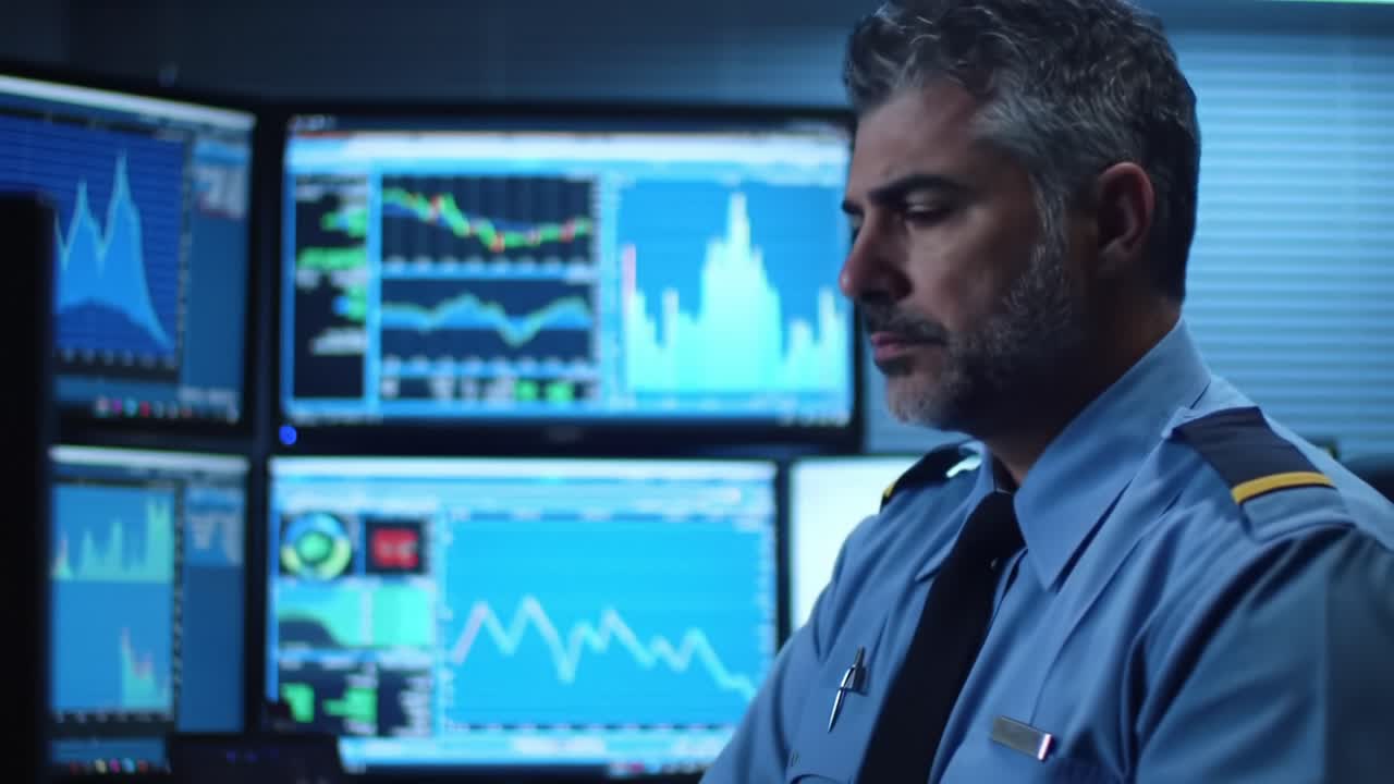 Focused Analyst Interpreting Complex Data Trends in a High-Tech Monitoring Room, Analyzing Charts and Making Critical Decisions from Multiple Screens