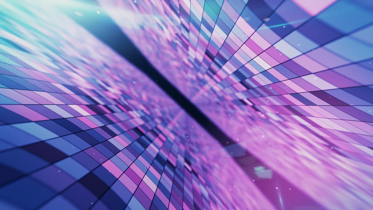 volando en un espacio abstracto con cuadrados brillantes parpadeantes, espectro azul rojo rosa violeta, luz ultravioleta fluorescente, iluminación moderna de colores, animación cg de bucle sin costuras de 4k