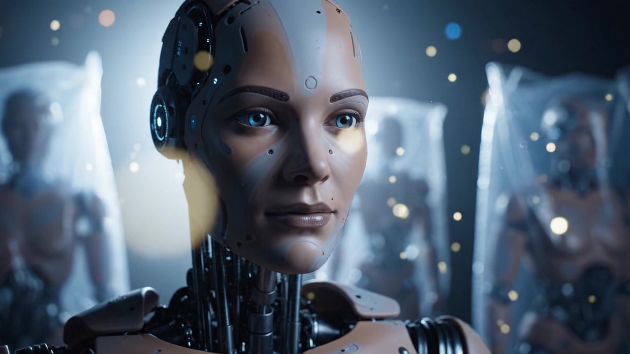 Un modello di robot umanoide futuristico è in primo piano, circondato da altre figure robotiche, illuminato da luci soffuse che creano un'atmosfera high-tech di intelligenza artificiale.