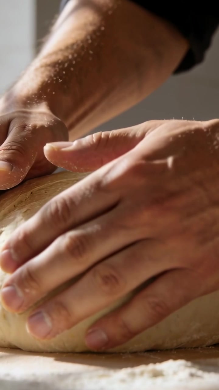 Vertical video: Shaping hands entering frame, cupping and forming taut dough on board in dark cuffs