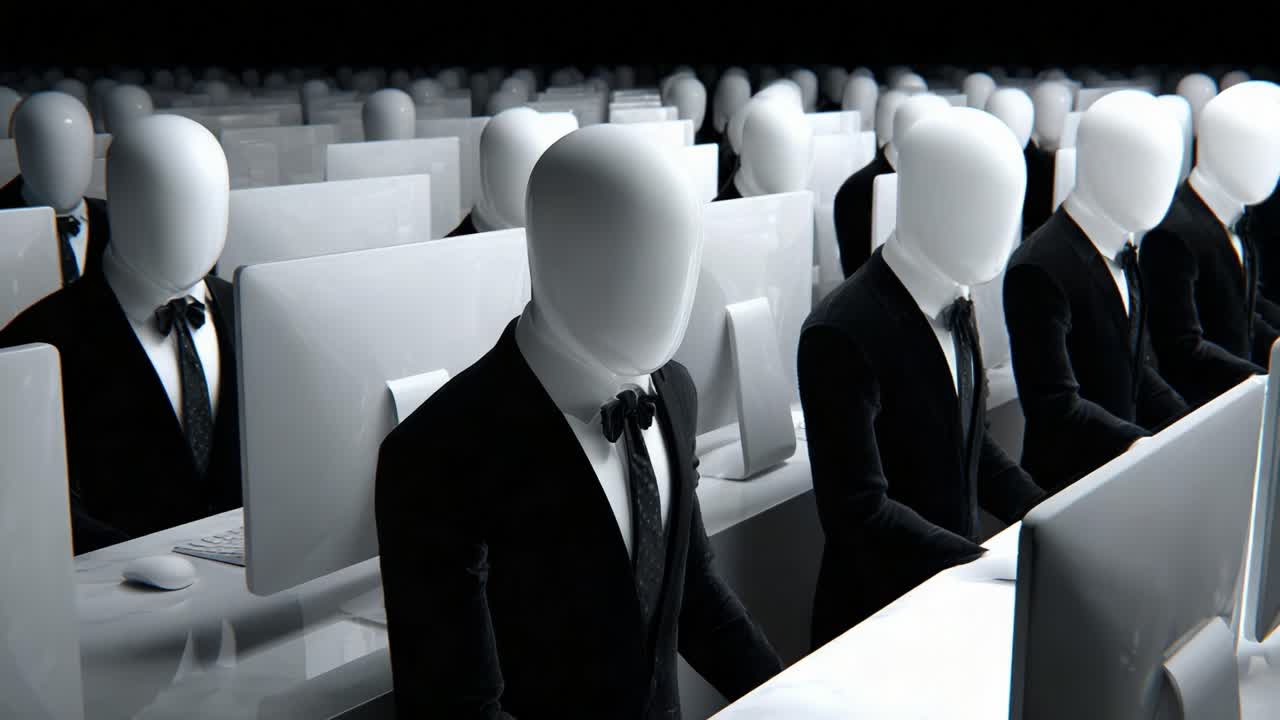 A monochromatic scene depicting faceless individuals in formal attire, seated at rows of computers, creating an eerie and surreal atmosphere of anonymity and conformity in the digital age