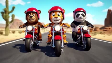 three fun-loving animal friends: a bear, tiger, and panda ride together on motorcycles through a scenic desert landscape in a colorful animated adventure
