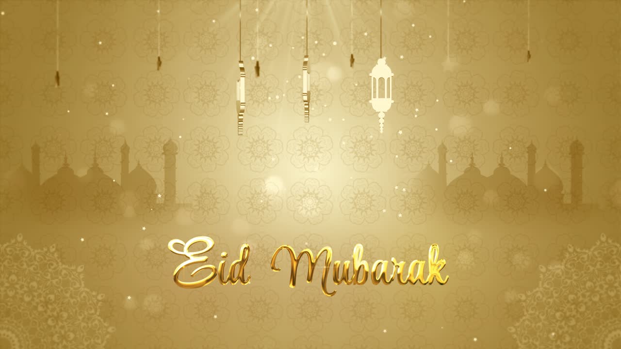 Auguri dorati di Eid Mubarak con lanterne islamiche e silhouette di moschee