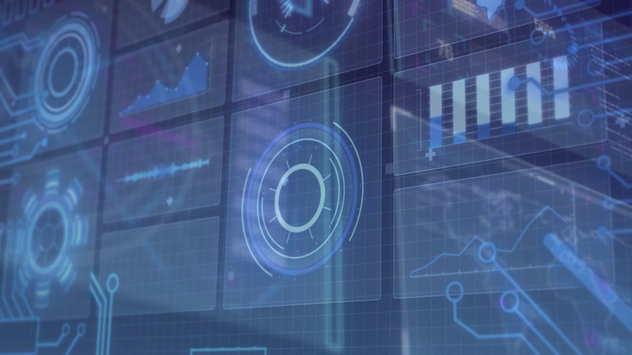 On data refresh center HUD pulsing and rings rotating while charts updating for analytics view