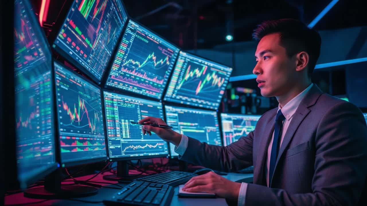 Focused Professional Analyzing Financial Data on Multiple Monitors in a Modern Trading Environment with Dynamic Charts and Graphs