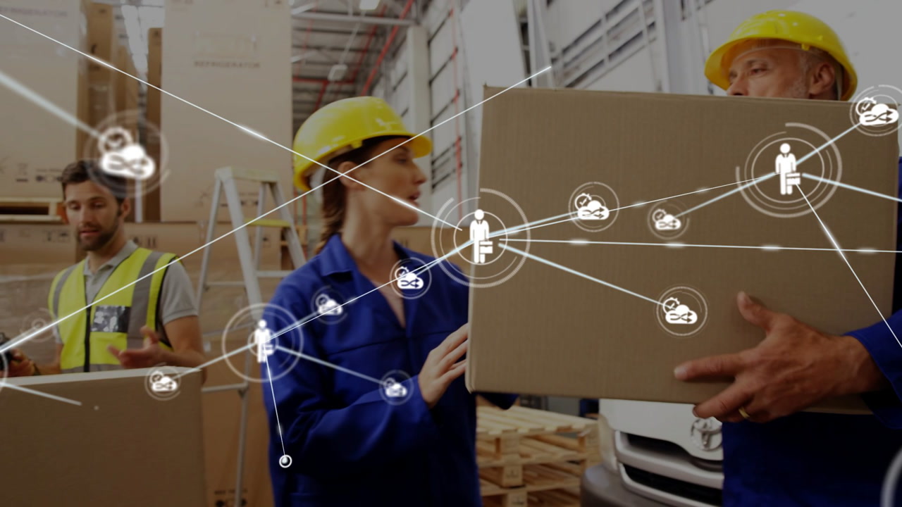 Vertical video: Clerk noting, worker scanning barcode at dock, overlay linking team for shipping