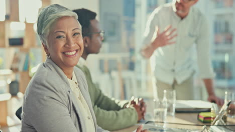 Senior-woman,-face-and-business-meeting