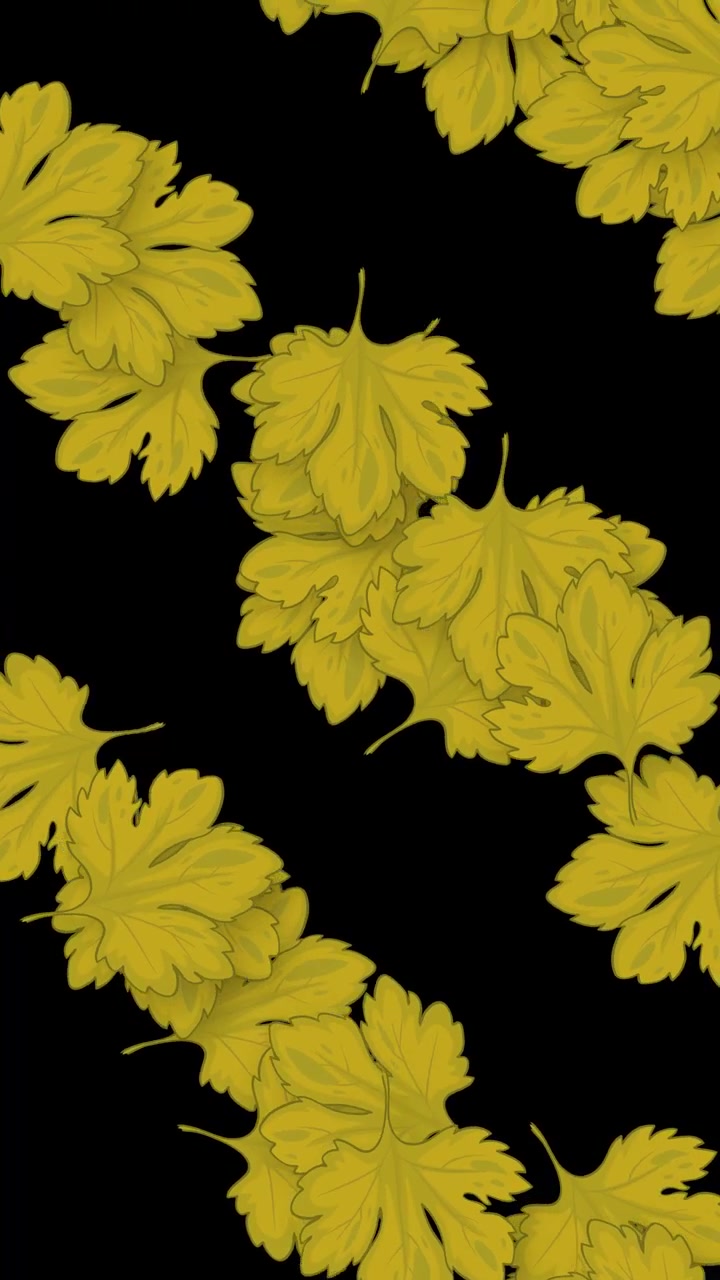 Stylized yellow leaves drift downward in a continuous loop against a solid black background.