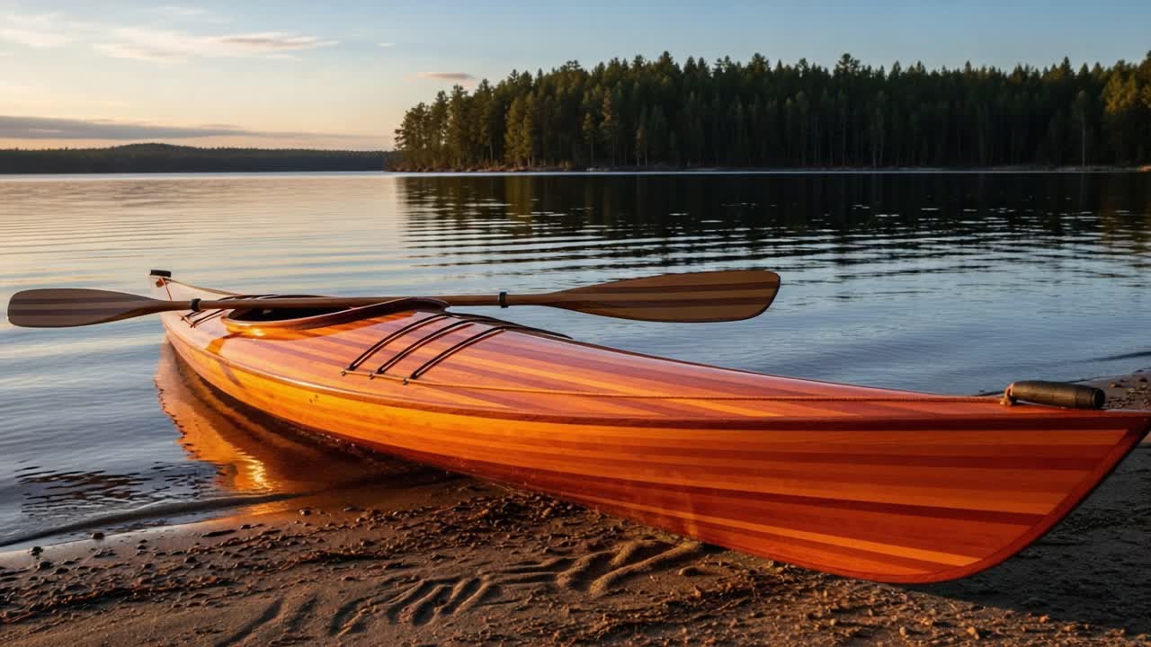 A Beautiful Sunset Reflection on Calm Waters with a Wooden Kayak Resting on the Shore, Surrounded by Lush Forests and a Peaceful Lake Setting