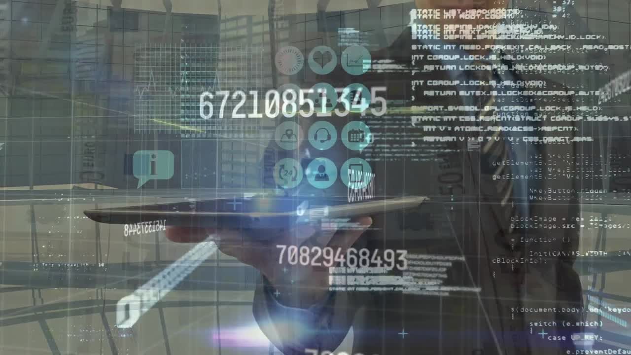 animación del procesamiento de datos sobre un hombre caucásico usando una tableta