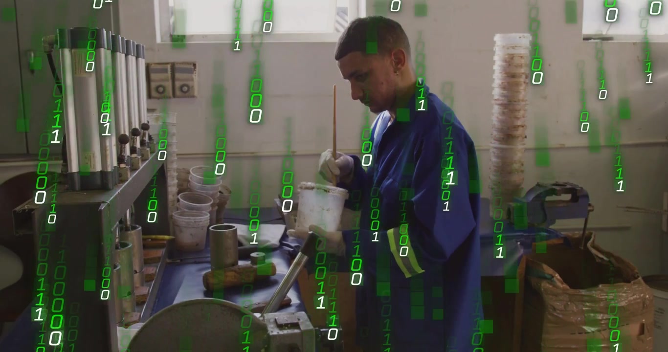 Technician grabbing translucent container and mixing sample at workshop, green overlay appearing
