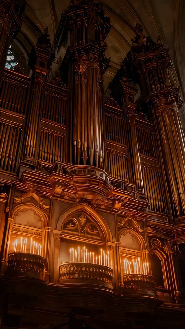 Vertical video: Opening shot tilting from candle racks to organ pipes in cathedral unveiling facade