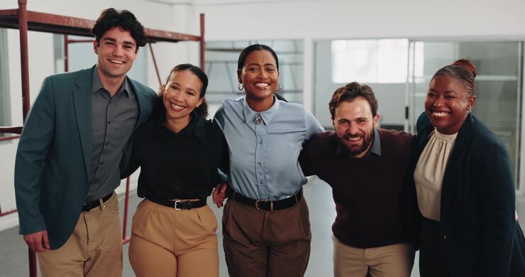 Diverse Group of Business Professionals Smiling Together in Office